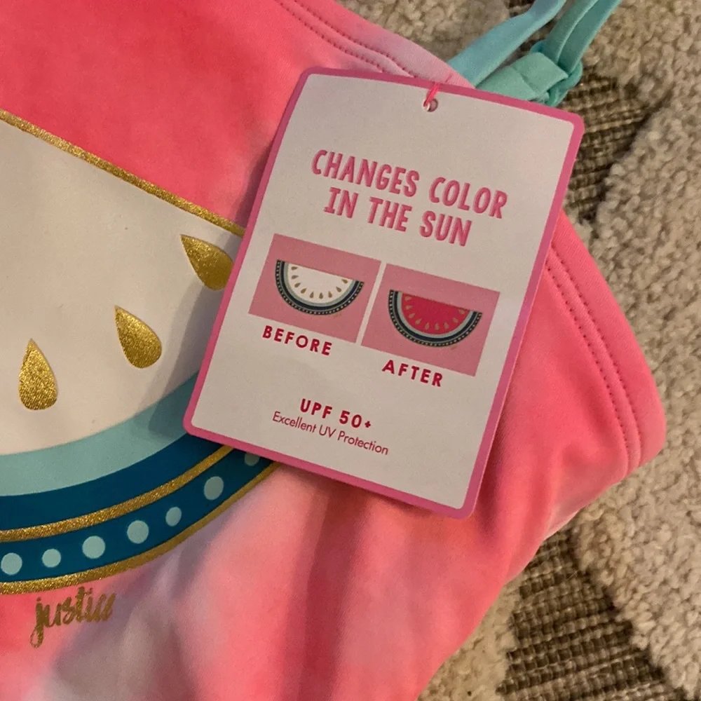 NWT JUSTICE WATERMELON TIE DYE COLOR CHANGING 1PC SWIMSUIT | Size 14 & 7